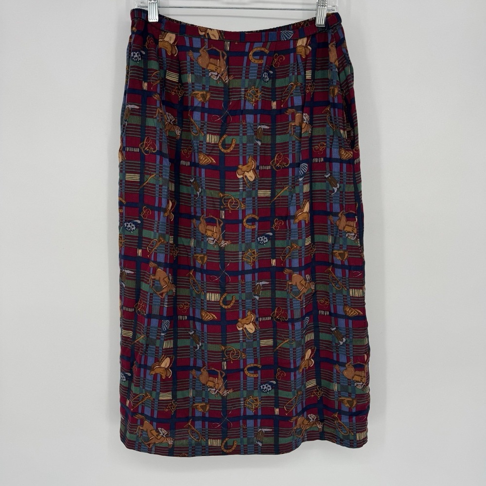 VTG Southern Lady Plaid Midi Skirt Equestrian Horse Print Preppy Old Money Sz 10